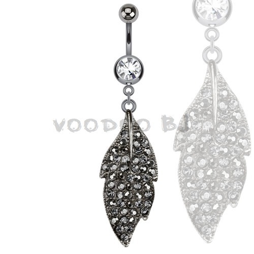 316L Surgical Steel Hematite Multi Paved Marcasite Leaf Dangle Navel Ring