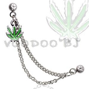 316L Surgical Steel Double Chained Cartilage Earring with Pot Leaf with CZ