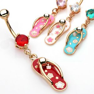 Gold Plated Kimono Sandal Belly Bar with Cubic Zirconia Gem