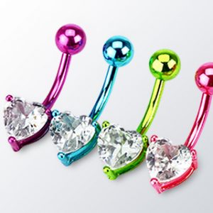 Neon Titanium Anodized Over 316L Surgical Steel Heart Prong Set Belly Ring
