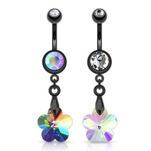 Black Surgical Steel Crystal Ray Prism Flower Navel Ring
