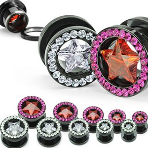 Titanium Anodized over 316L Surgical Steel Screw Fit Flesh Tunnel with Multi-Gemmed Rim and Star CZ Center