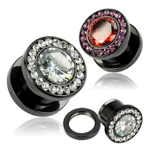 Titanium Anodized over 316L Surgical Steel Screw Fit Flesh Tunnel with Multi-Gemmed Rim and CZ Center