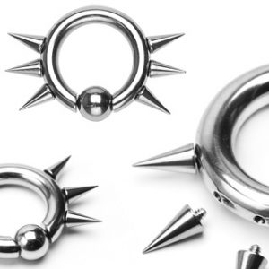 316L Surgical Steel Easy Snap-In Captive Bead Ring w/ 6 Internally Threaded Spikes