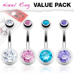 4 Pcs Value Pack of Assorted Color 316L Surgical Steel Double Gem Ball Navel Ring