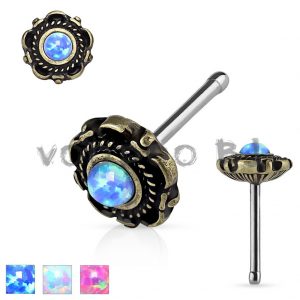 Opal Centered Floral Design Antique Gold Plated Top 316L Surgical Steel Nose Stud Rings