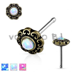 Opal Centered Tribal Heart Filigree Antique Gold Plated Top 316L Surgical Steel Nose Stud Ring