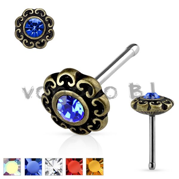 Crystal Centered Tribal Heart Filigree Antique Gold Plated Top 316L Surgical Steel Nose Stud Ring