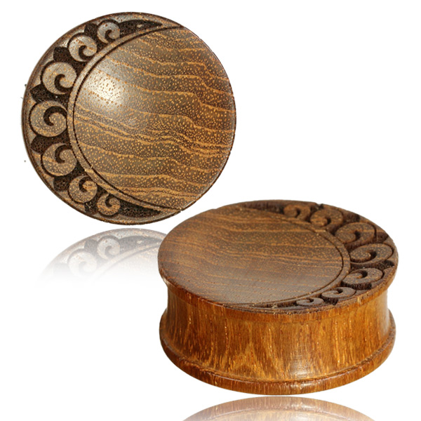 Teak Wood Concave Double Flare Plug with Engraved Crescent Moon ...